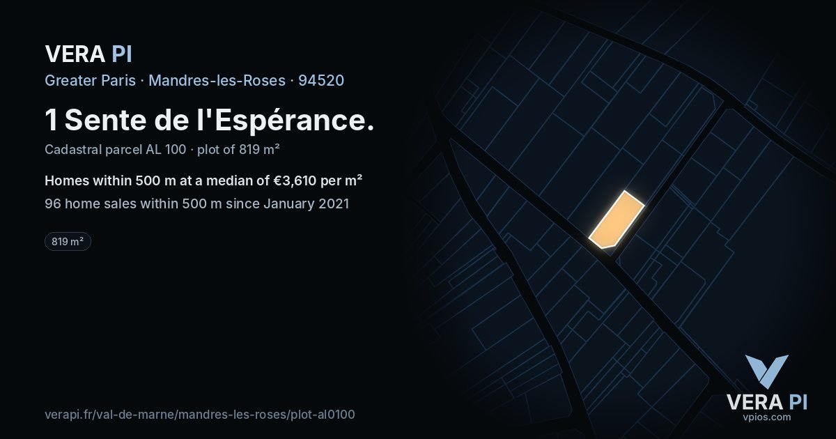 1 Sente de l'Espérance, Mandres-les-Roses at night – the plot lit, the parcels around coloured by the prices near them