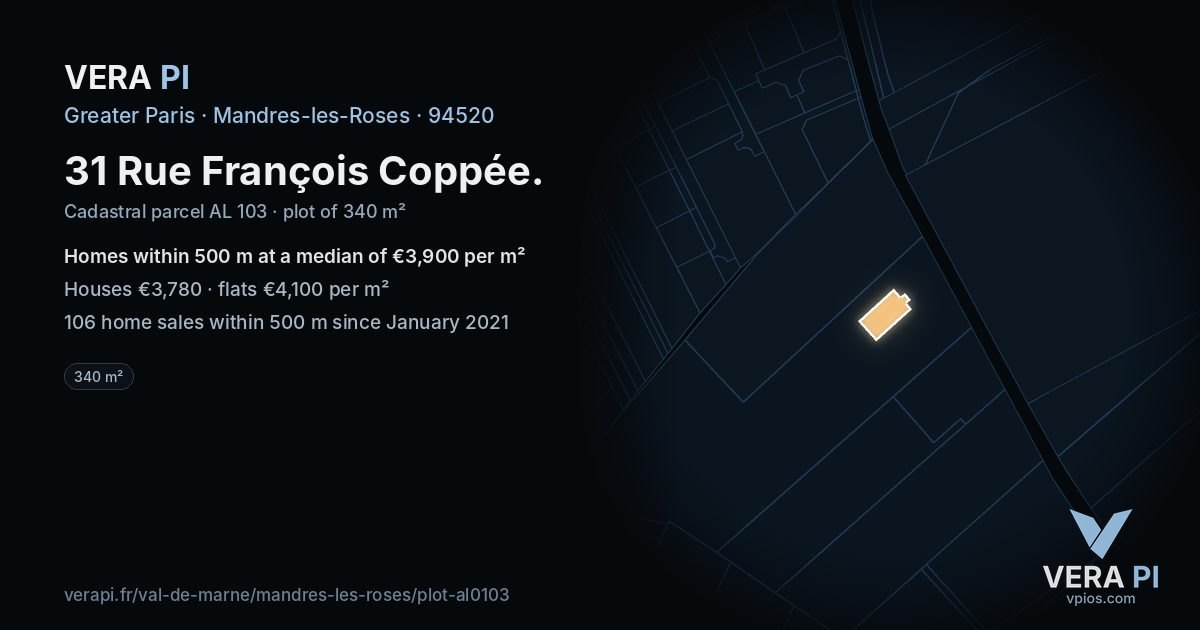 31 Rue François Coppée, Mandres-les-Roses at night – the plot lit, the parcels around coloured by the prices near them