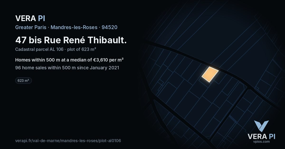 47 bis Rue René Thibault, Mandres-les-Roses at night – the plot lit, the parcels around coloured by the prices near them