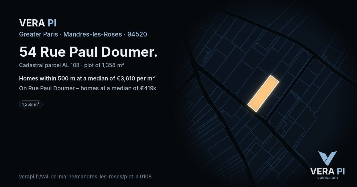 54 Rue Paul Doumer, Mandres-les-Roses at night – the plot lit, the parcels around coloured by the prices near them