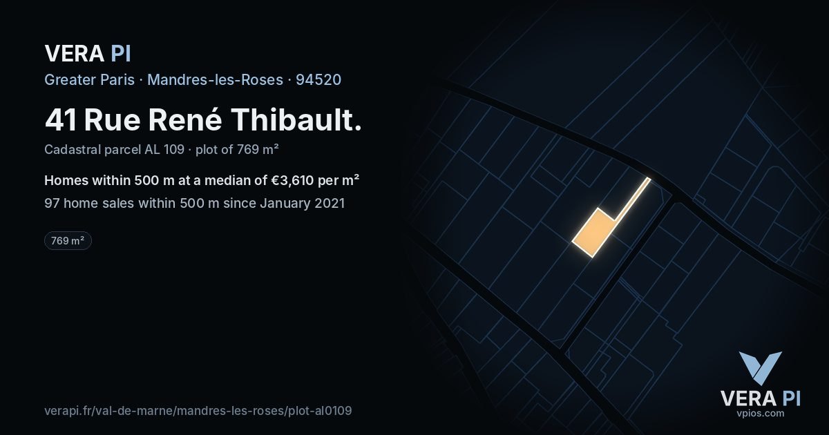 41 Rue René Thibault, Mandres-les-Roses at night – the plot lit, the parcels around coloured by the prices near them