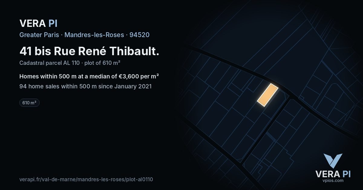 41 bis Rue René Thibault, Mandres-les-Roses at night – the plot lit, the parcels around coloured by the prices near them