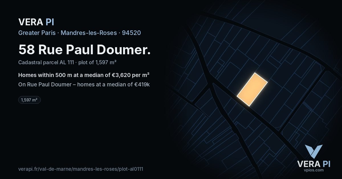 58 Rue Paul Doumer, Mandres-les-Roses at night – the plot lit, the parcels around coloured by the prices near them