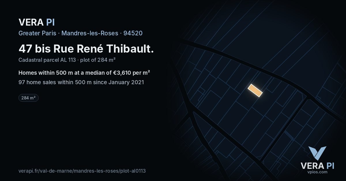 47 bis Rue René Thibault, Mandres-les-Roses at night – the plot lit, the parcels around coloured by the prices near them