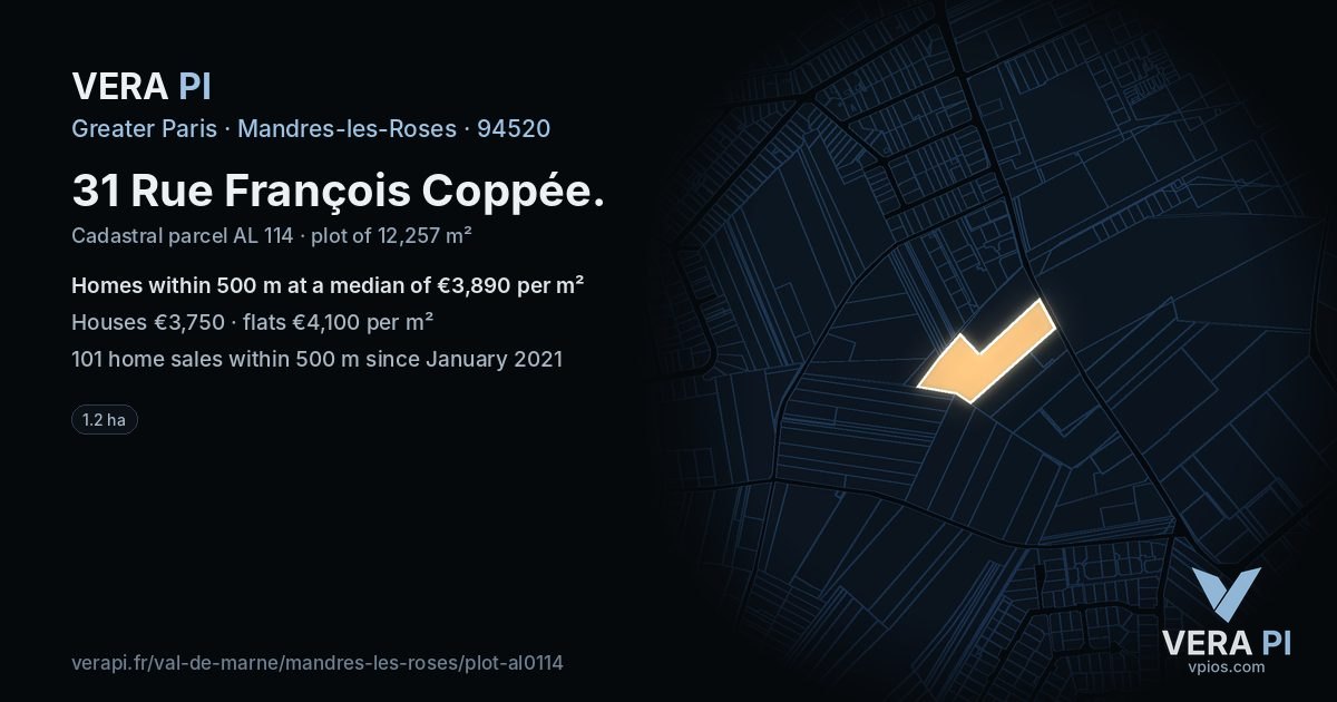 31 Rue François Coppée, Mandres-les-Roses at night – the plot lit, the parcels around coloured by the prices near them
