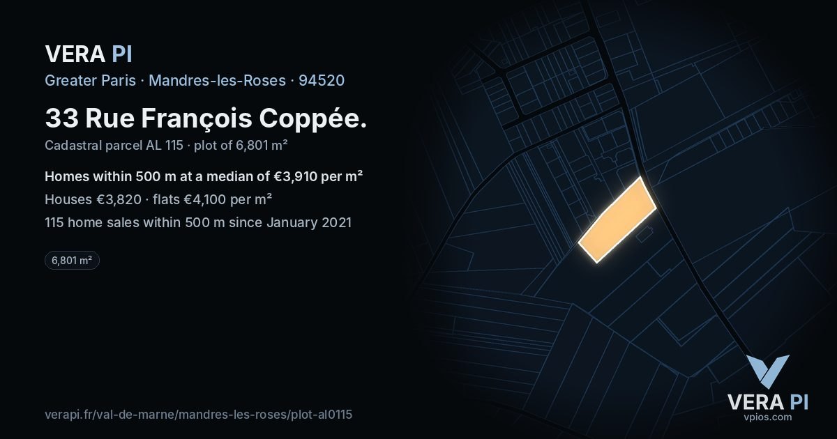 33 Rue François Coppée, Mandres-les-Roses at night – the plot lit, the parcels around coloured by the prices near them