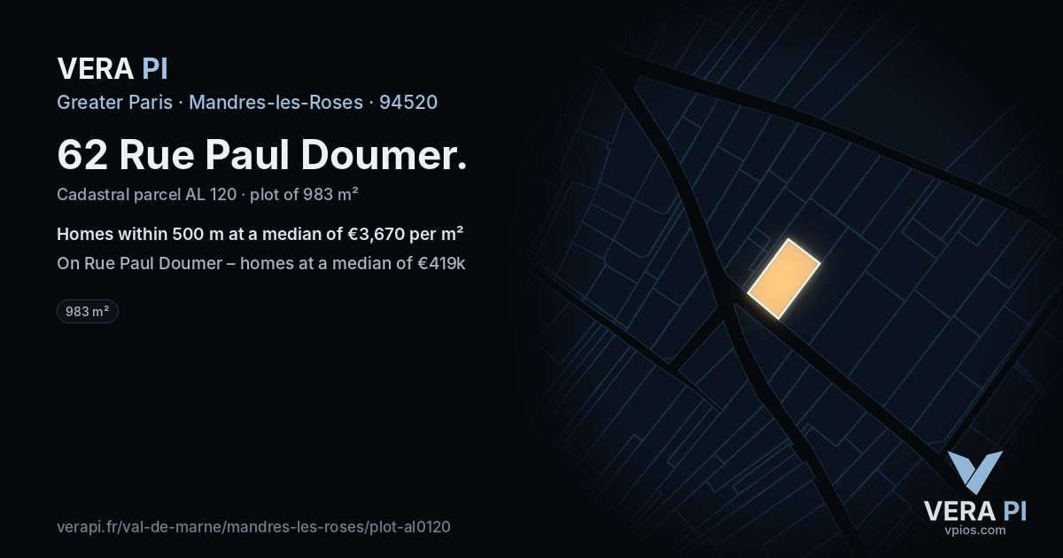 62 Rue Paul Doumer, Mandres-les-Roses at night – the plot lit, the parcels around coloured by the prices near them