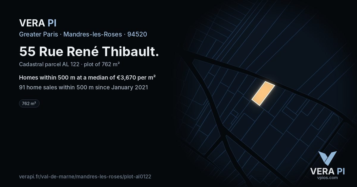 55 Rue René Thibault, Mandres-les-Roses at night – the plot lit, the parcels around coloured by the prices near them