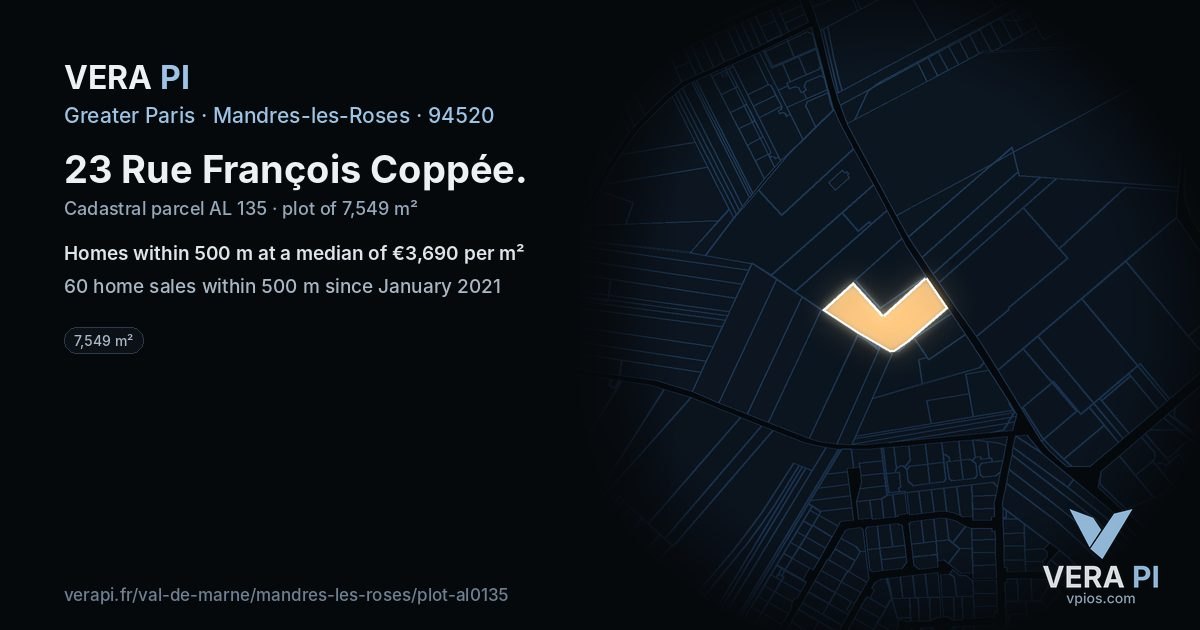 23 Rue François Coppée, Mandres-les-Roses at night – the plot lit, the parcels around coloured by the prices near them