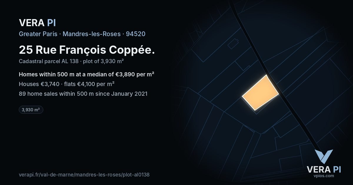 25 Rue François Coppée, Mandres-les-Roses at night – the plot lit, the parcels around coloured by the prices near them