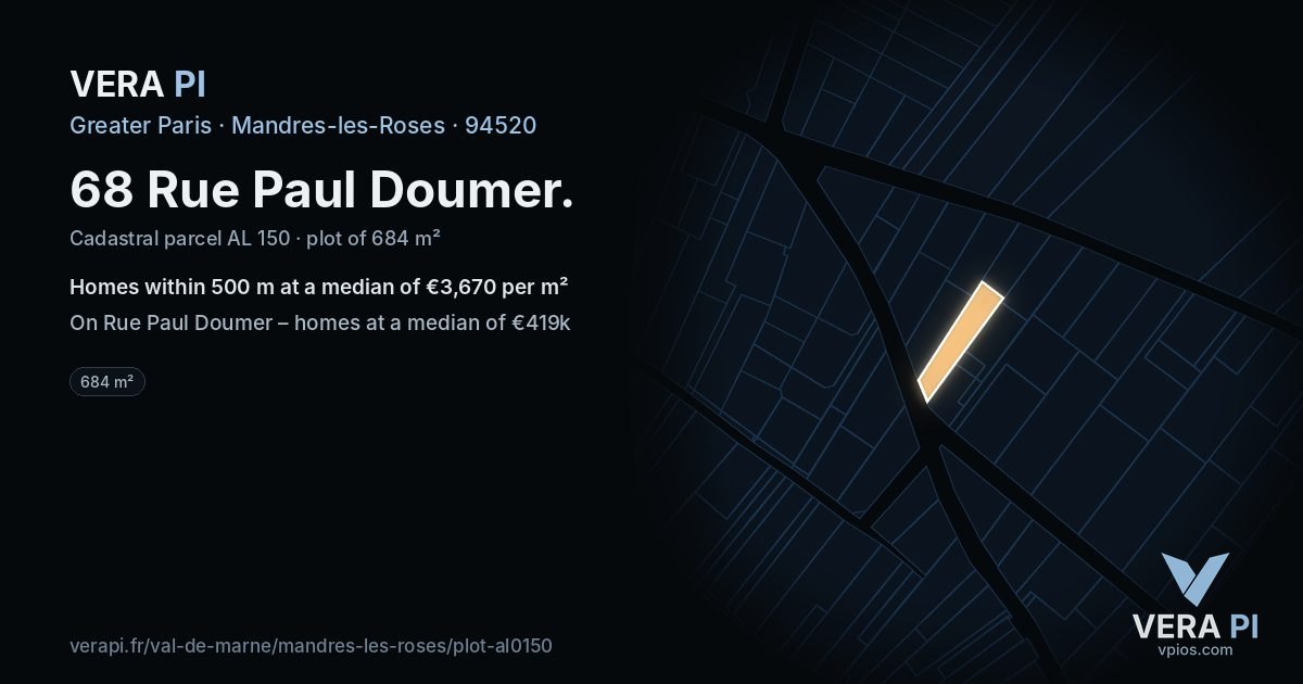 68 Rue Paul Doumer, Mandres-les-Roses at night – the plot lit, the parcels around coloured by the prices near them