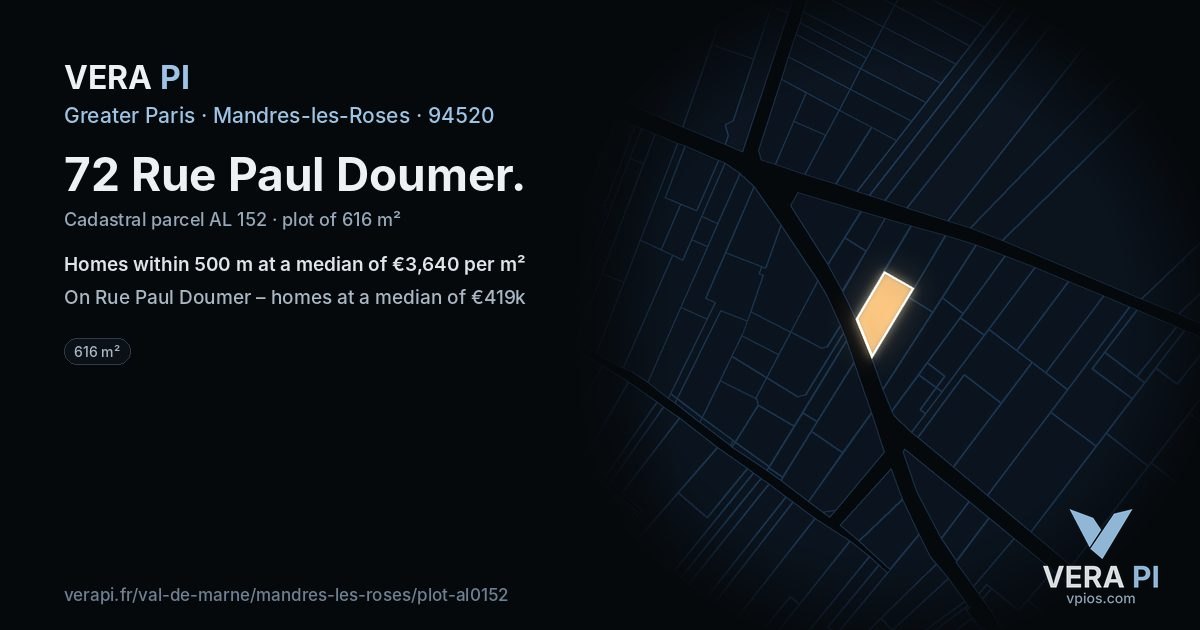 72 Rue Paul Doumer, Mandres-les-Roses at night – the plot lit, the parcels around coloured by the prices near them