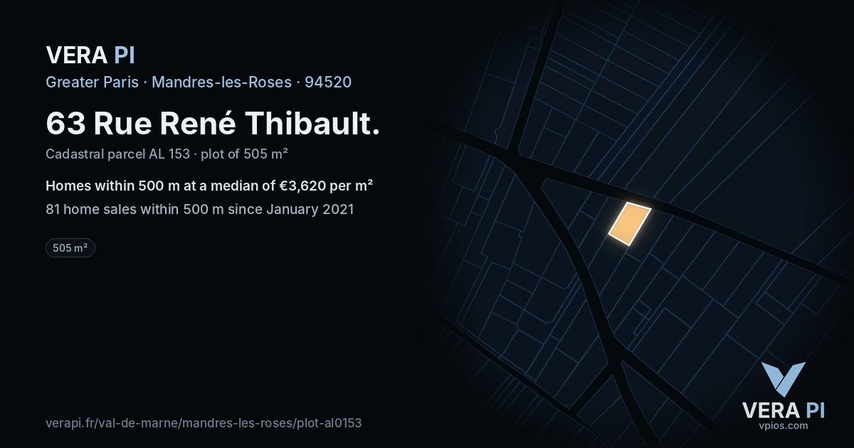 63 Rue René Thibault, Mandres-les-Roses at night – the plot lit, the parcels around coloured by the prices near them