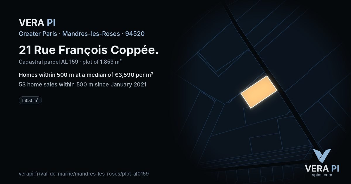 21 Rue François Coppée, Mandres-les-Roses at night – the plot lit, the parcels around coloured by the prices near them