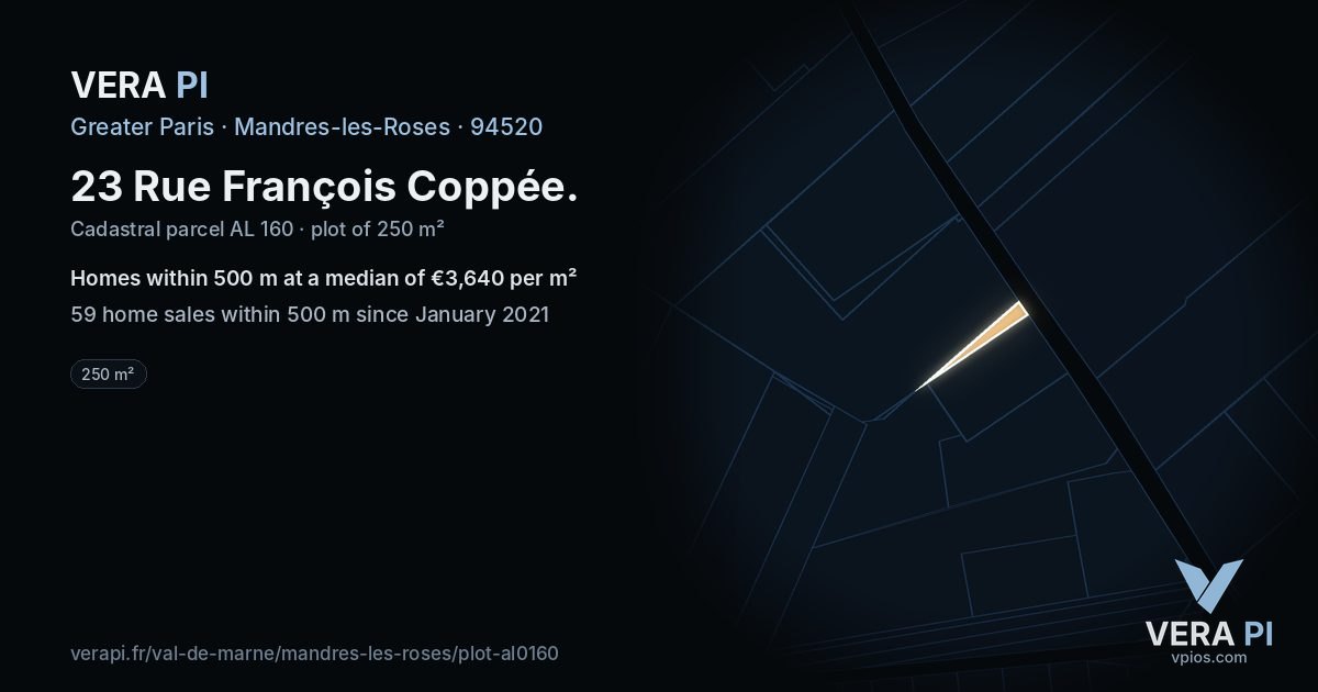 23 Rue François Coppée, Mandres-les-Roses at night – the plot lit, the parcels around coloured by the prices near them