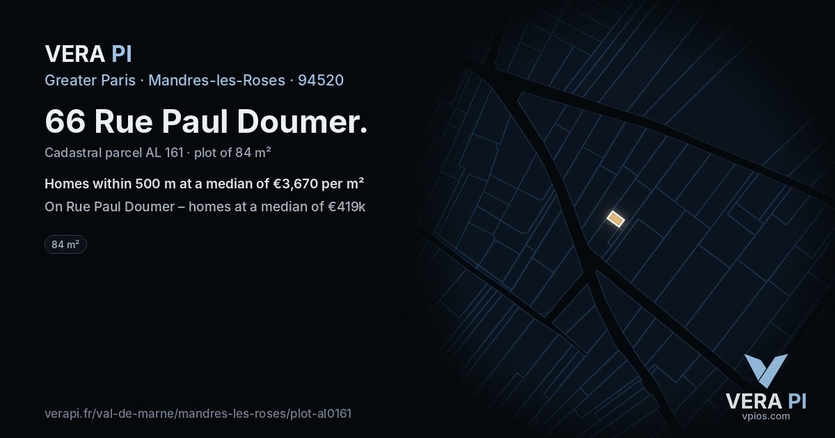 66 Rue Paul Doumer, Mandres-les-Roses at night – the plot lit, the parcels around coloured by the prices near them