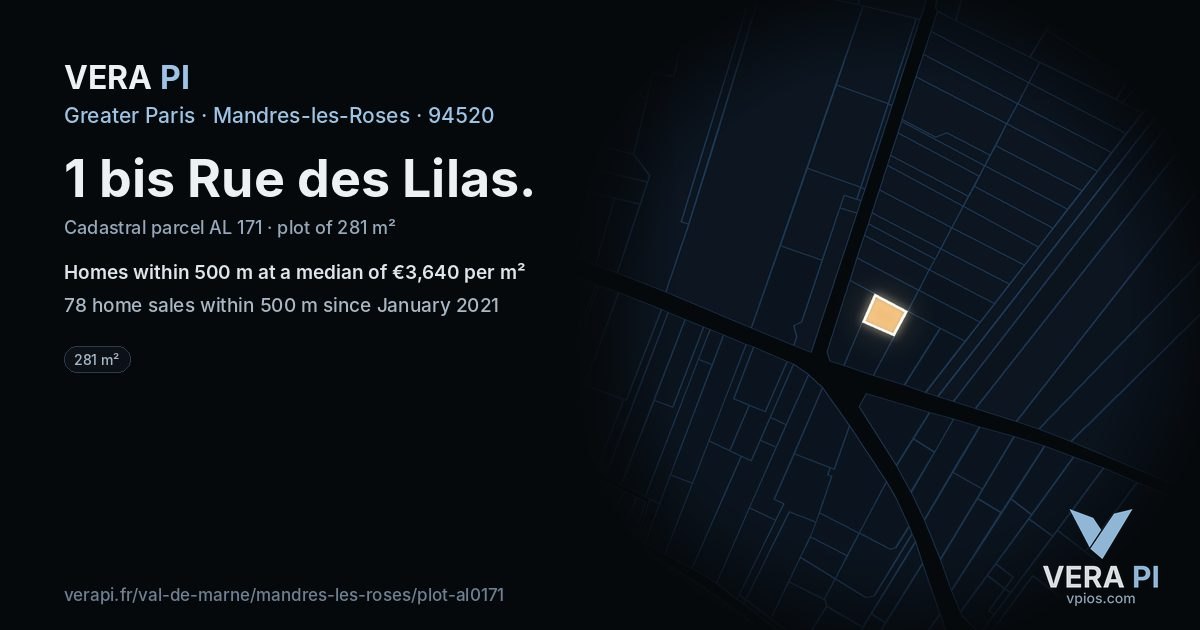 1 bis Rue des Lilas, Mandres-les-Roses at night – the plot lit, the parcels around coloured by the prices near them