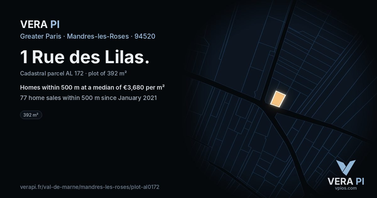 1 Rue des Lilas, Mandres-les-Roses at night – the plot lit, the parcels around coloured by the prices near them