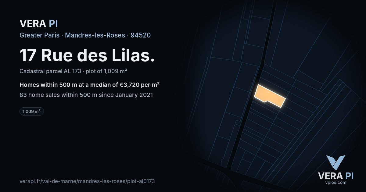 17 Rue des Lilas, Mandres-les-Roses at night – the plot lit, the parcels around coloured by the prices near them