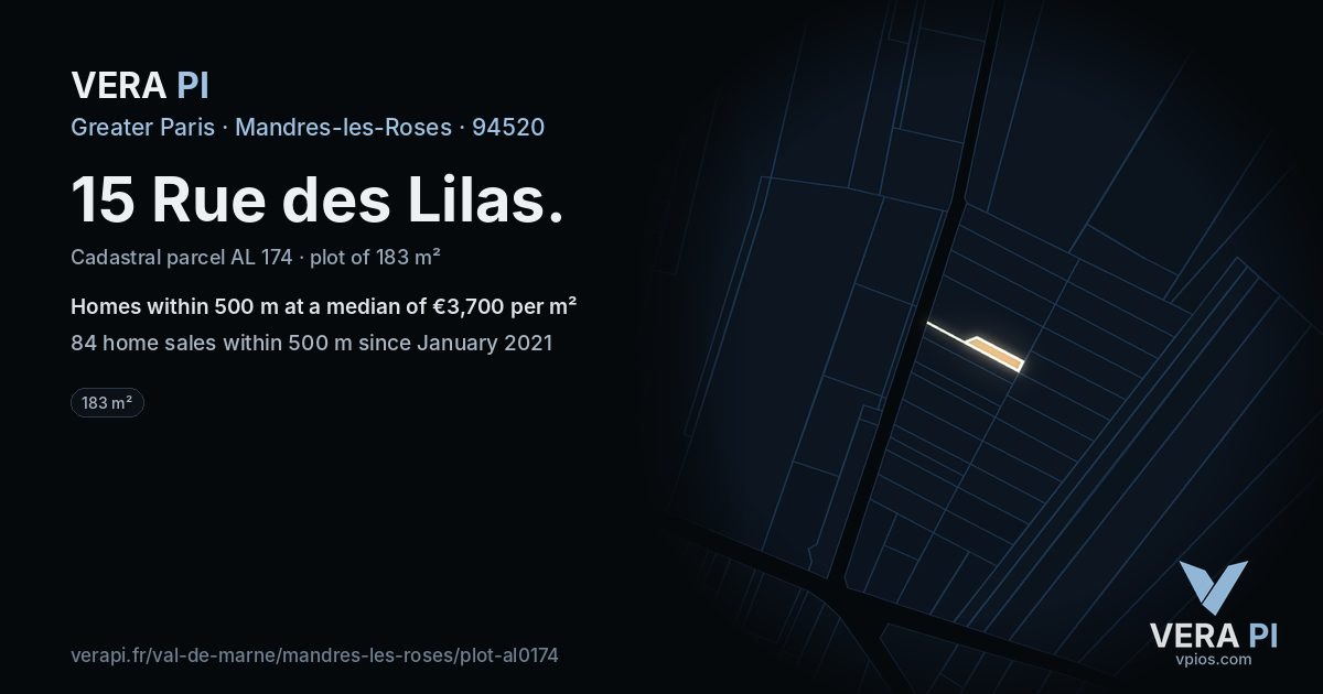 15 Rue des Lilas, Mandres-les-Roses at night – the plot lit, the parcels around coloured by the prices near them