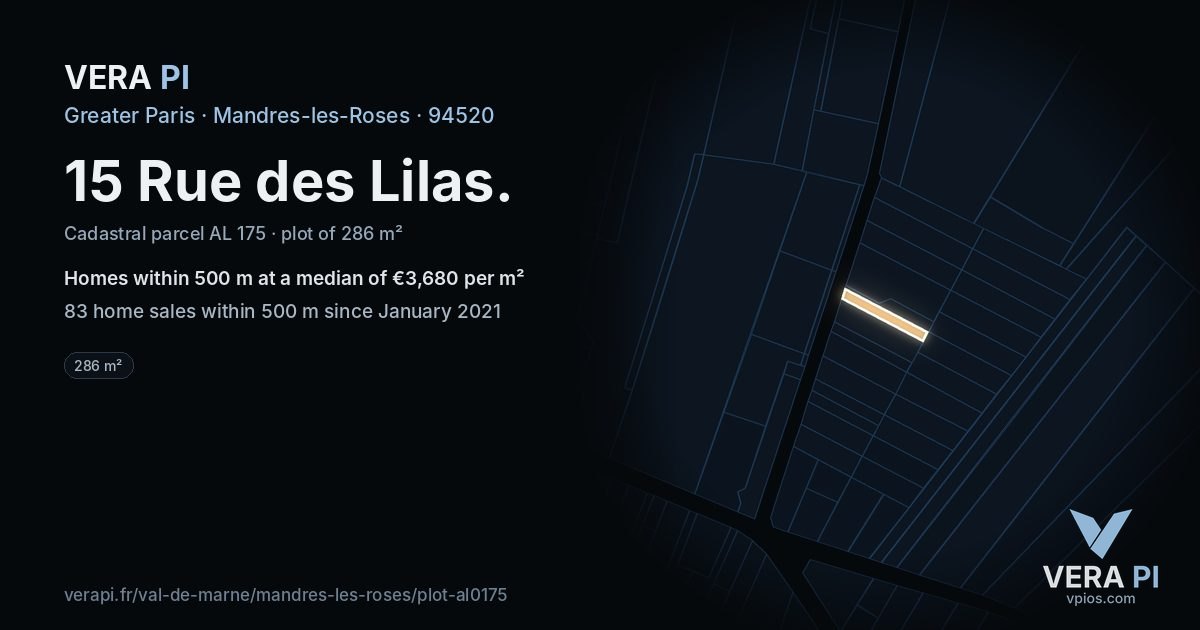 15 Rue des Lilas, Mandres-les-Roses at night – the plot lit, the parcels around coloured by the prices near them