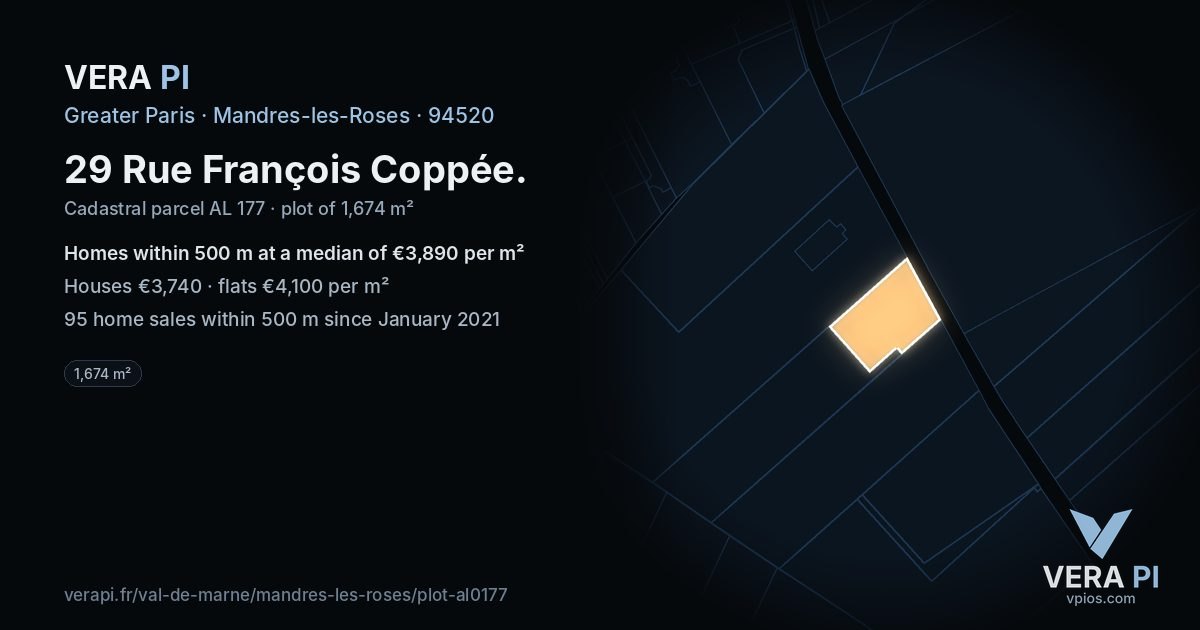 29 Rue François Coppée, Mandres-les-Roses at night – the plot lit, the parcels around coloured by the prices near them