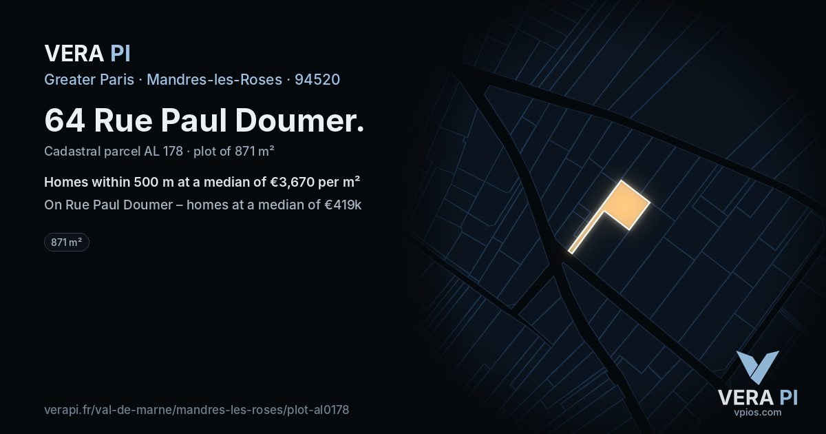 64 Rue Paul Doumer, Mandres-les-Roses at night – the plot lit, the parcels around coloured by the prices near them