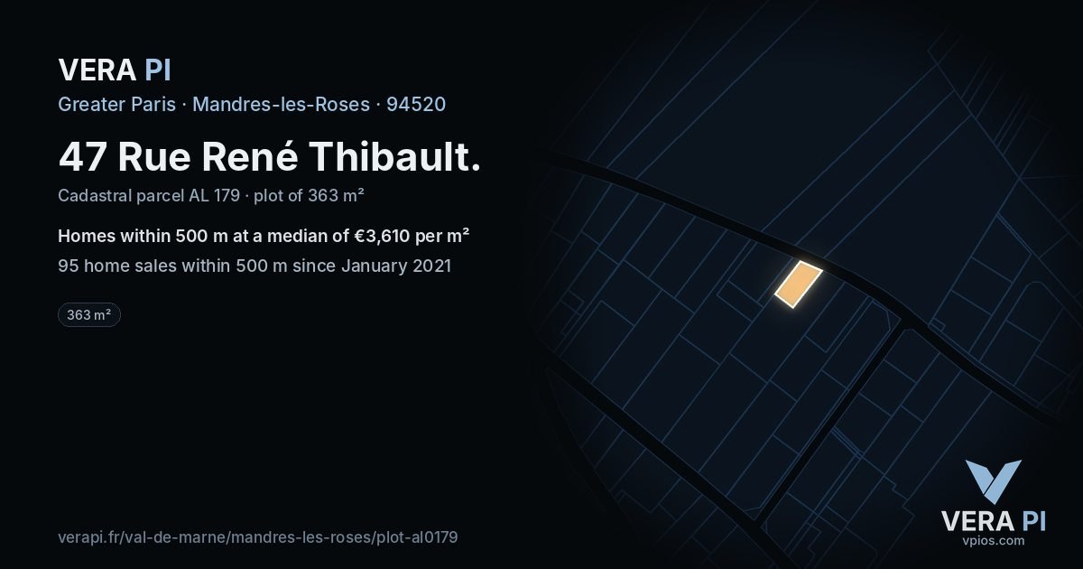 47 Rue René Thibault, Mandres-les-Roses at night – the plot lit, the parcels around coloured by the prices near them