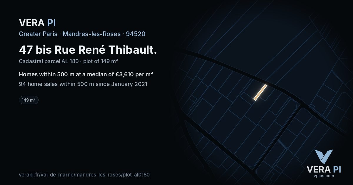47 bis Rue René Thibault, Mandres-les-Roses at night – the plot lit, the parcels around coloured by the prices near them
