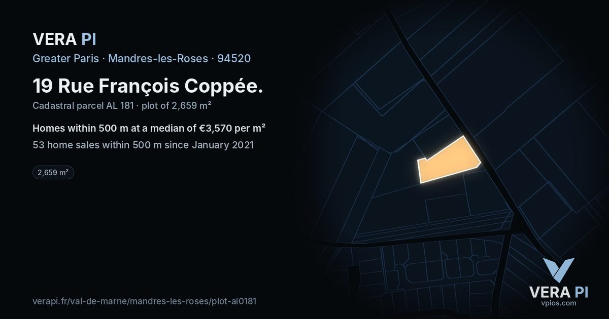 19 Rue François Coppée, Mandres-les-Roses at night – the plot lit, the parcels around coloured by the prices near them