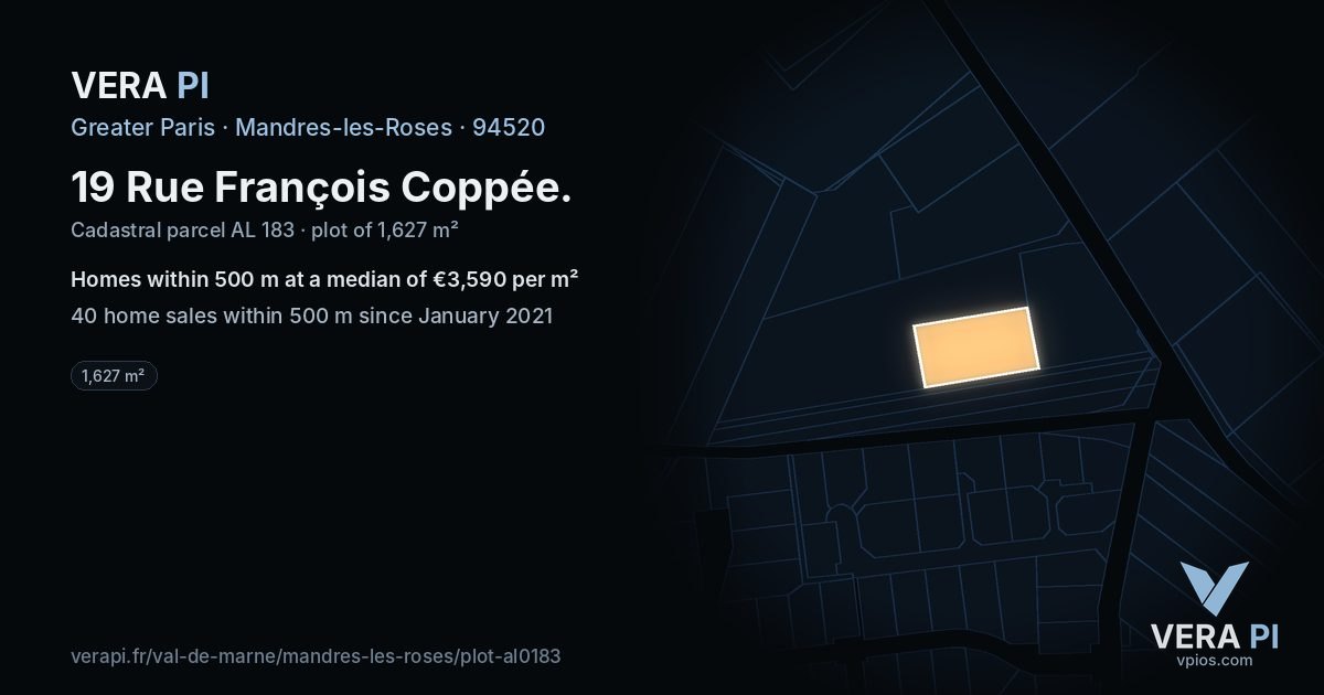 19 Rue François Coppée, Mandres-les-Roses at night – the plot lit, the parcels around coloured by the prices near them