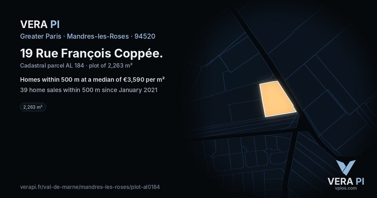 19 Rue François Coppée, Mandres-les-Roses at night – the plot lit, the parcels around coloured by the prices near them
