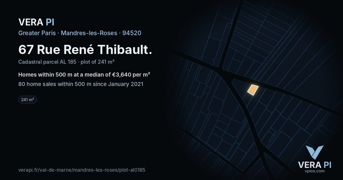 67 Rue René Thibault, Mandres-les-Roses at night – the plot lit, the parcels around coloured by the prices near them