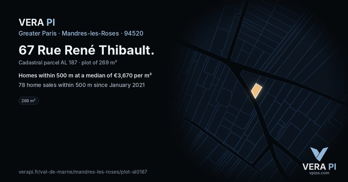 67 Rue René Thibault, Mandres-les-Roses at night – the plot lit, the parcels around coloured by the prices near them