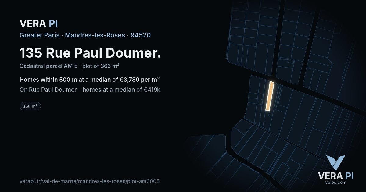 135 Rue Paul Doumer, Mandres-les-Roses at night – the plot lit, the parcels around coloured by the prices near them