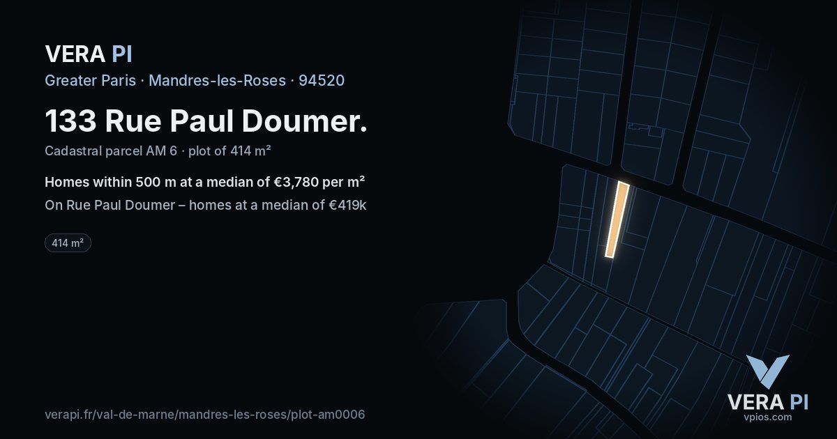 133 Rue Paul Doumer, Mandres-les-Roses at night – the plot lit, the parcels around coloured by the prices near them