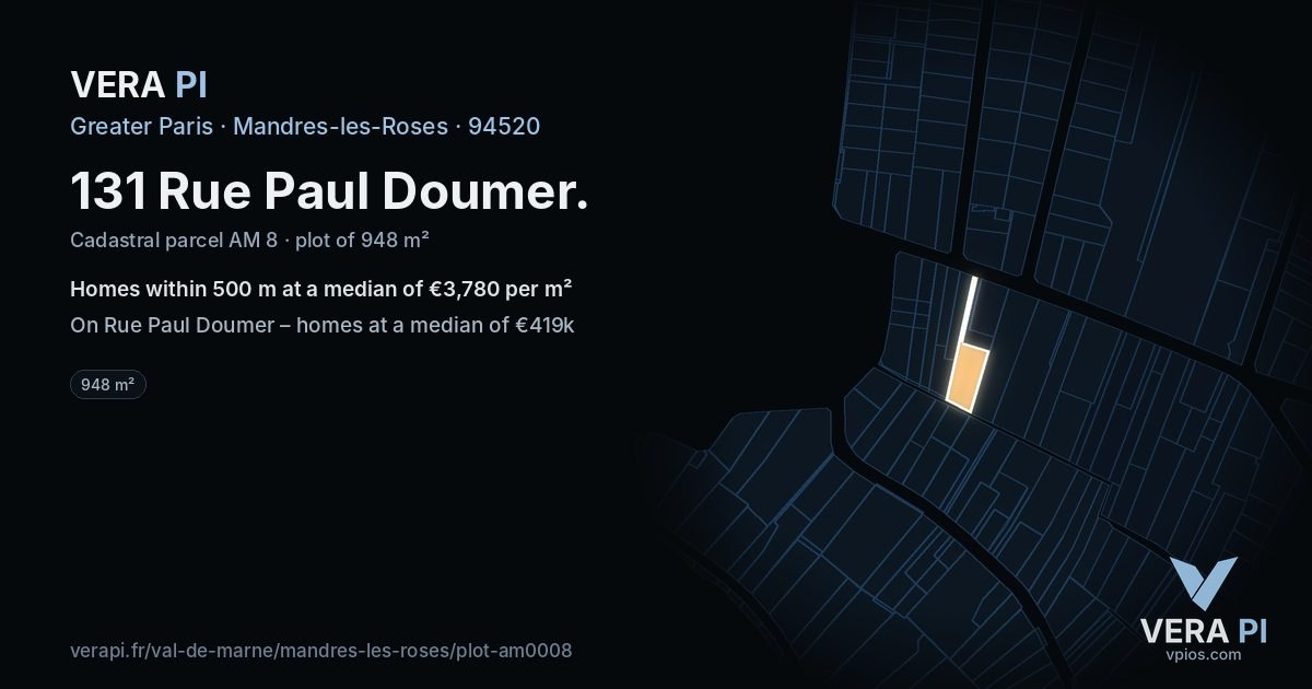 131 Rue Paul Doumer, Mandres-les-Roses at night – the plot lit, the parcels around coloured by the prices near them