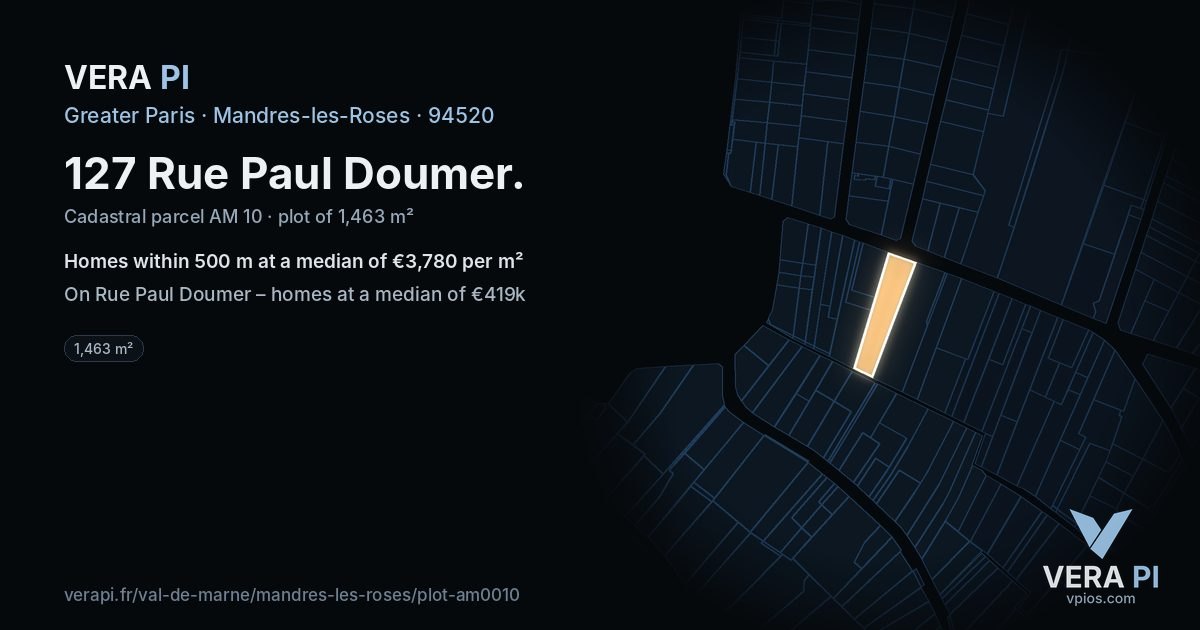127 Rue Paul Doumer, Mandres-les-Roses at night – the plot lit, the parcels around coloured by the prices near them