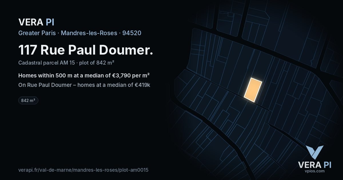 117 Rue Paul Doumer, Mandres-les-Roses at night – the plot lit, the parcels around coloured by the prices near them
