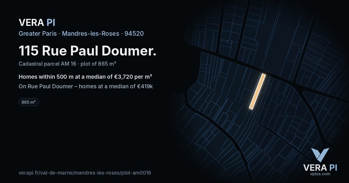 115 Rue Paul Doumer, Mandres-les-Roses at night – the plot lit, the parcels around coloured by the prices near them
