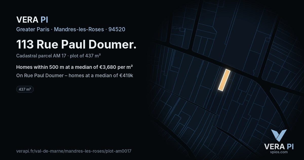 113 Rue Paul Doumer, Mandres-les-Roses at night – the plot lit, the parcels around coloured by the prices near them