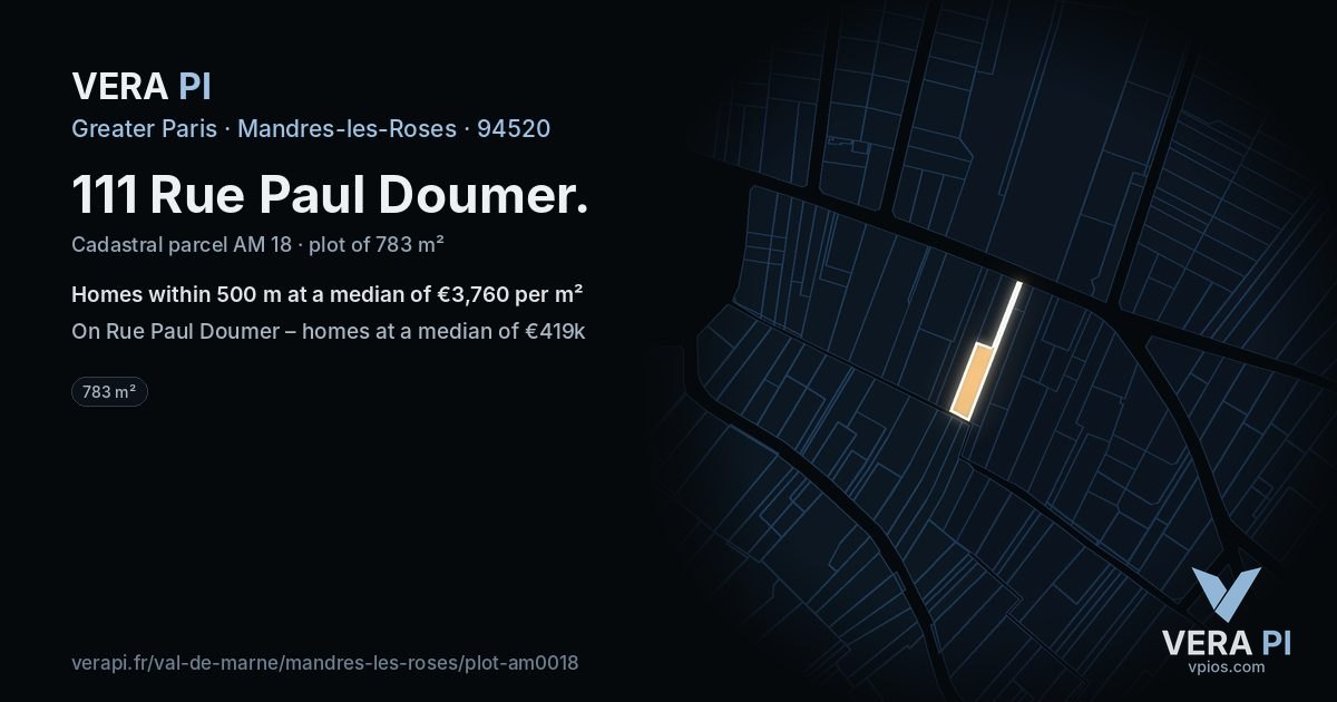 111 Rue Paul Doumer, Mandres-les-Roses at night – the plot lit, the parcels around coloured by the prices near them