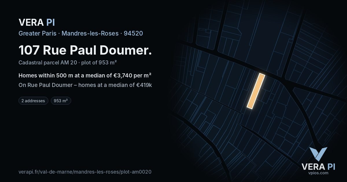 107 Rue Paul Doumer, Mandres-les-Roses at night – the plot lit, the parcels around coloured by the prices near them
