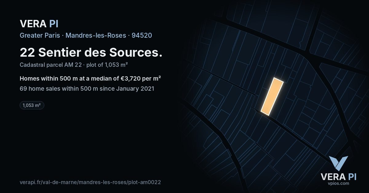 22 Sentier des Sources, Mandres-les-Roses at night – the plot lit, the parcels around coloured by the prices near them