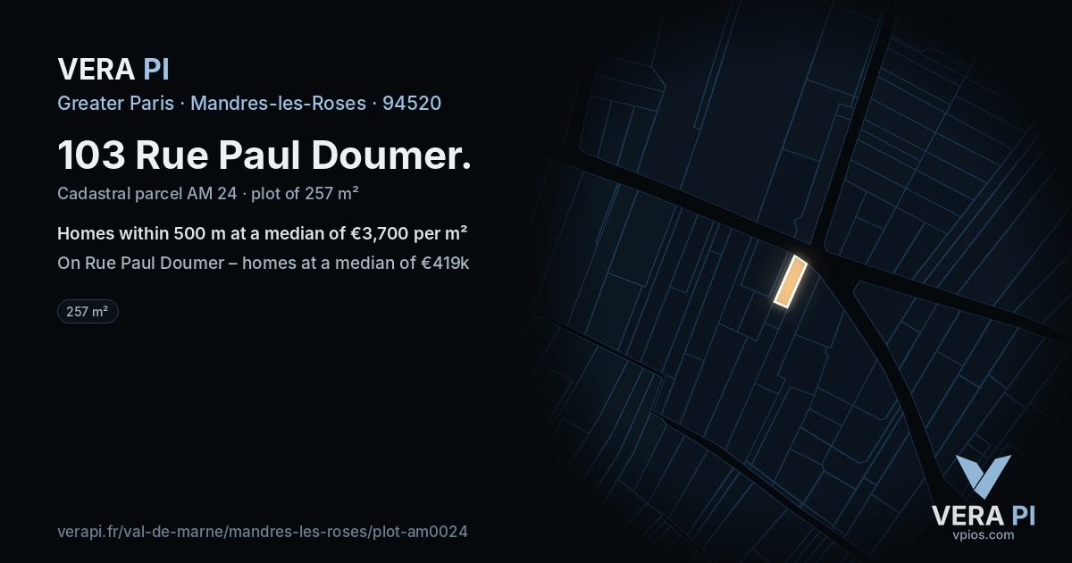 103 Rue Paul Doumer, Mandres-les-Roses at night – the plot lit, the parcels around coloured by the prices near them