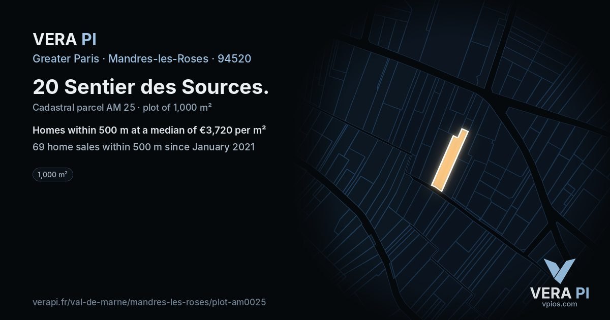 20 Sentier des Sources, Mandres-les-Roses at night – the plot lit, the parcels around coloured by the prices near them