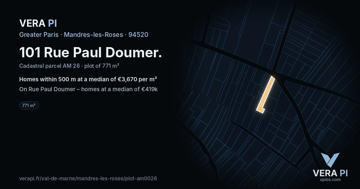 101 Rue Paul Doumer, Mandres-les-Roses at night – the plot lit, the parcels around coloured by the prices near them