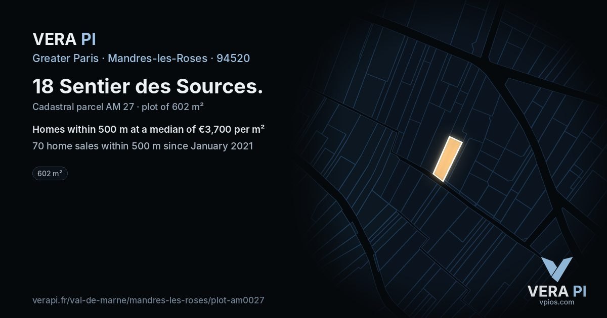 18 Sentier des Sources, Mandres-les-Roses at night – the plot lit, the parcels around coloured by the prices near them