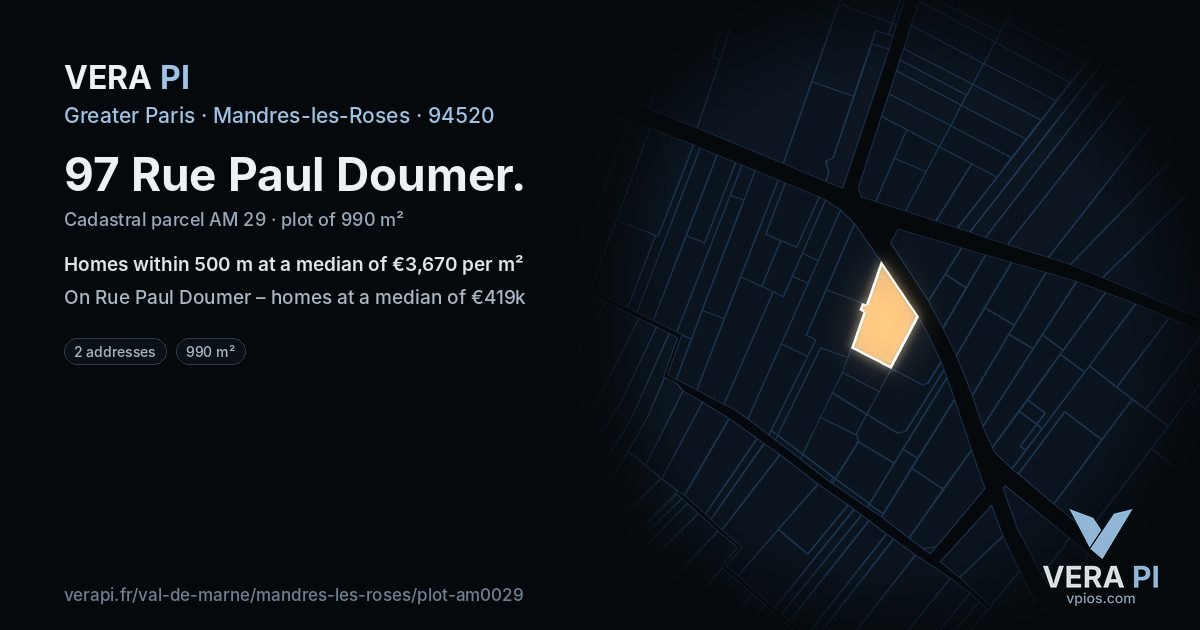 97 Rue Paul Doumer, Mandres-les-Roses at night – the plot lit, the parcels around coloured by the prices near them