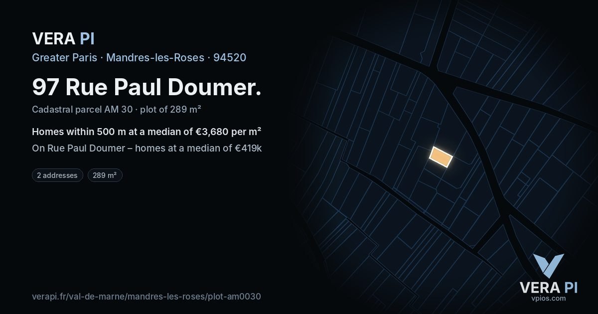 97 Rue Paul Doumer, Mandres-les-Roses at night – the plot lit, the parcels around coloured by the prices near them